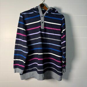 Lands' End Serious Sweats Blue Stripe Button Neck Hoodie Sweatshirt Women XL